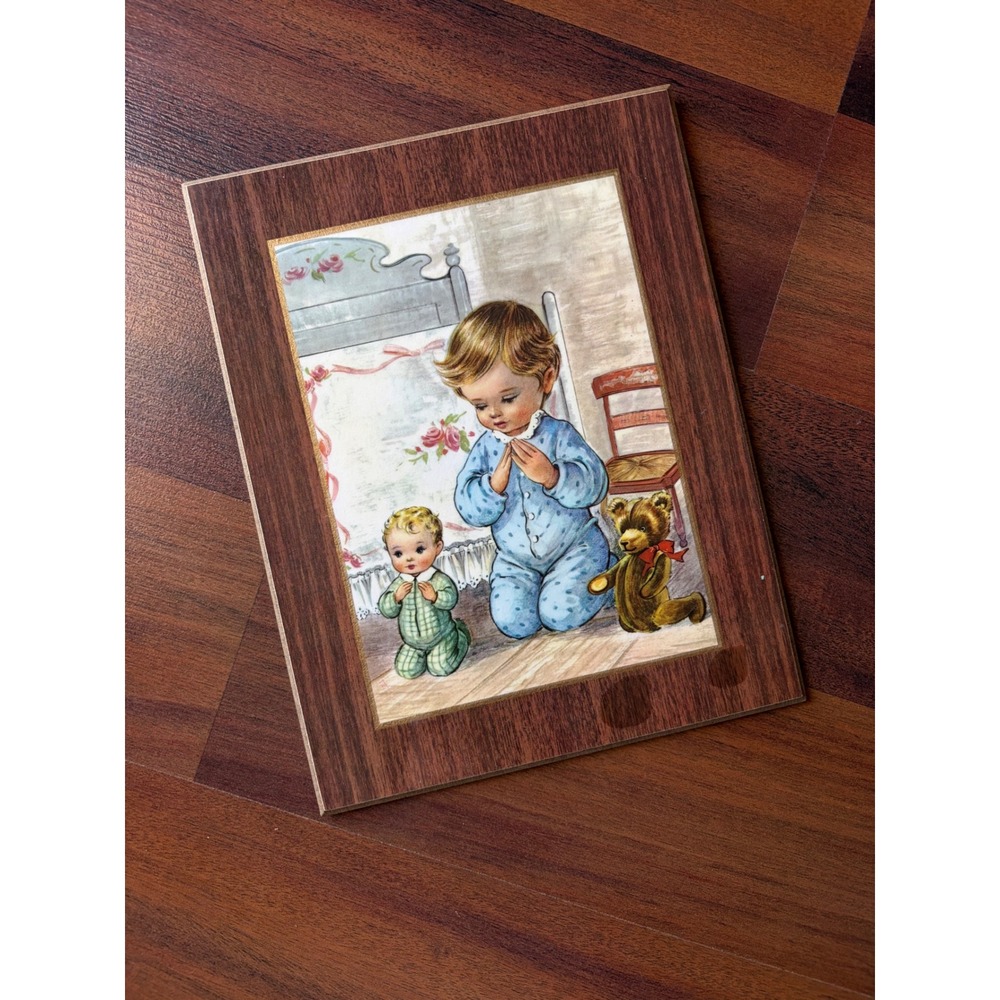 Vintage Wood‎ Plaque Children Praying Mid Century Nursery Wall Art 8x10 Retro